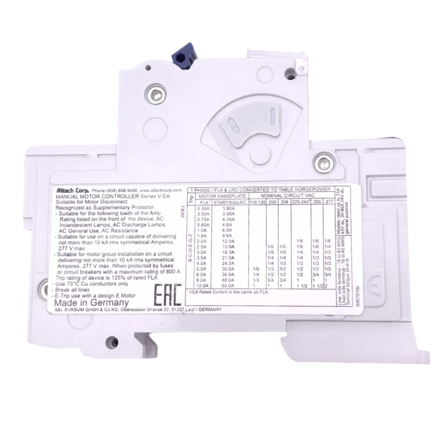 Used Altech ABL Sursum 1G8UM Circuit Breaker, 1-Pole, 8A, 277VAC Max, DIN Rail