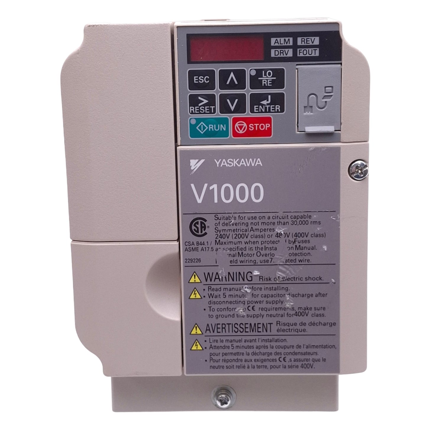 Used Yaskawa CIMR-VU4A0005FAA Variable Frequency Drive, 3ph 0-480VAC 0-400Hz, 3HP Max