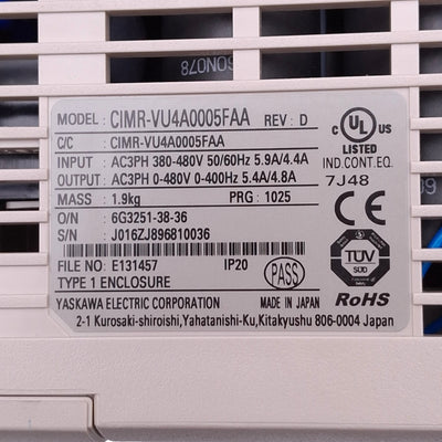 Used Yaskawa CIMR-VU4A0005FAA Variable Frequency Drive, 3ph 0-480VAC 0-400Hz, 3HP Max