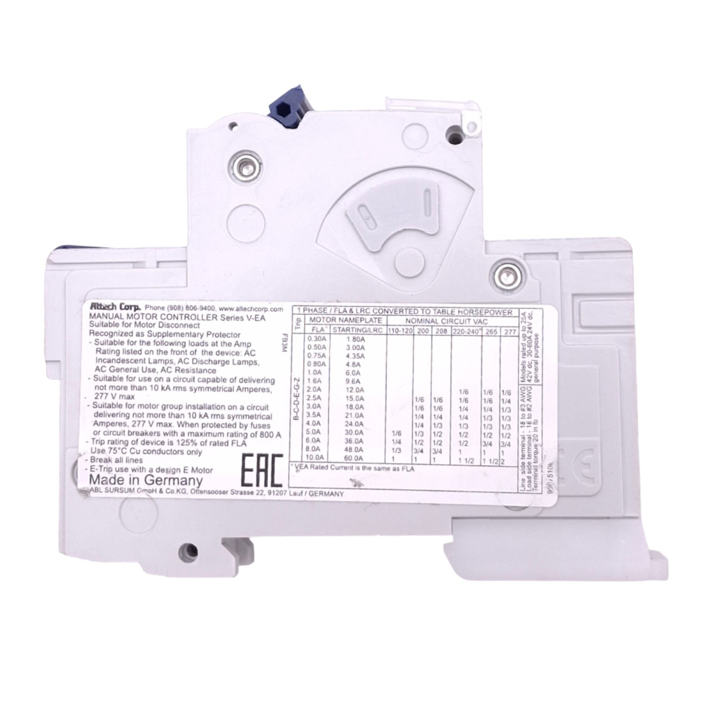 Used Altech ABL Sursum 1G10UM Circuit Breaker, 1-Pole, 10A, 277VAC Max, DIN Rail