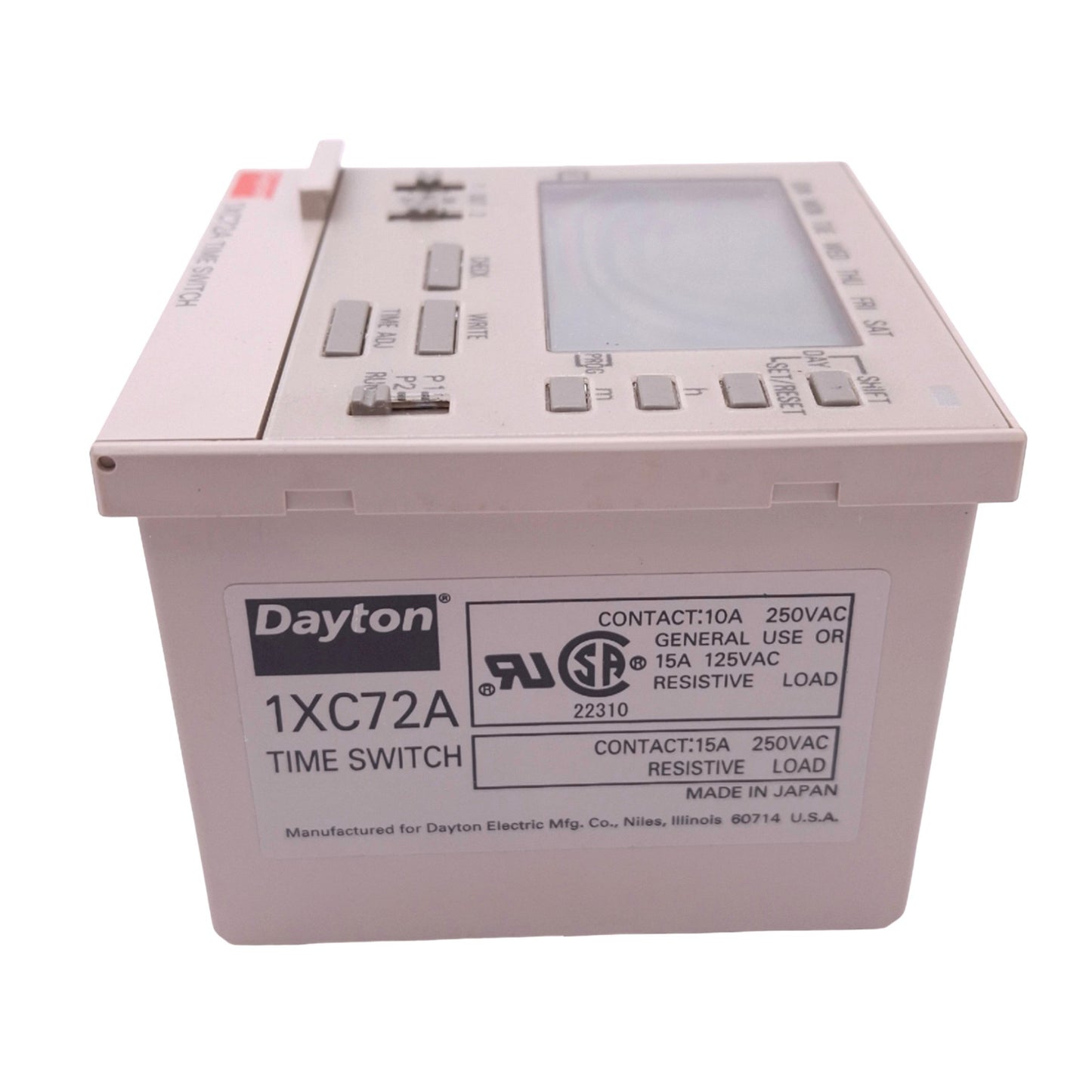 New Dayton 1XC72A Time Switch, 7-Day, SPST, 100-240VAC In, 10A 250VAC Max
