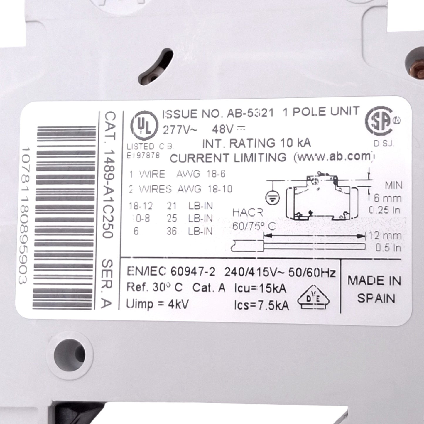 Used Allen Bradley 1489-A1C250 Circuit Breaker, 1-Pole, 25A, 277VAC/48VDC, DIN Rail