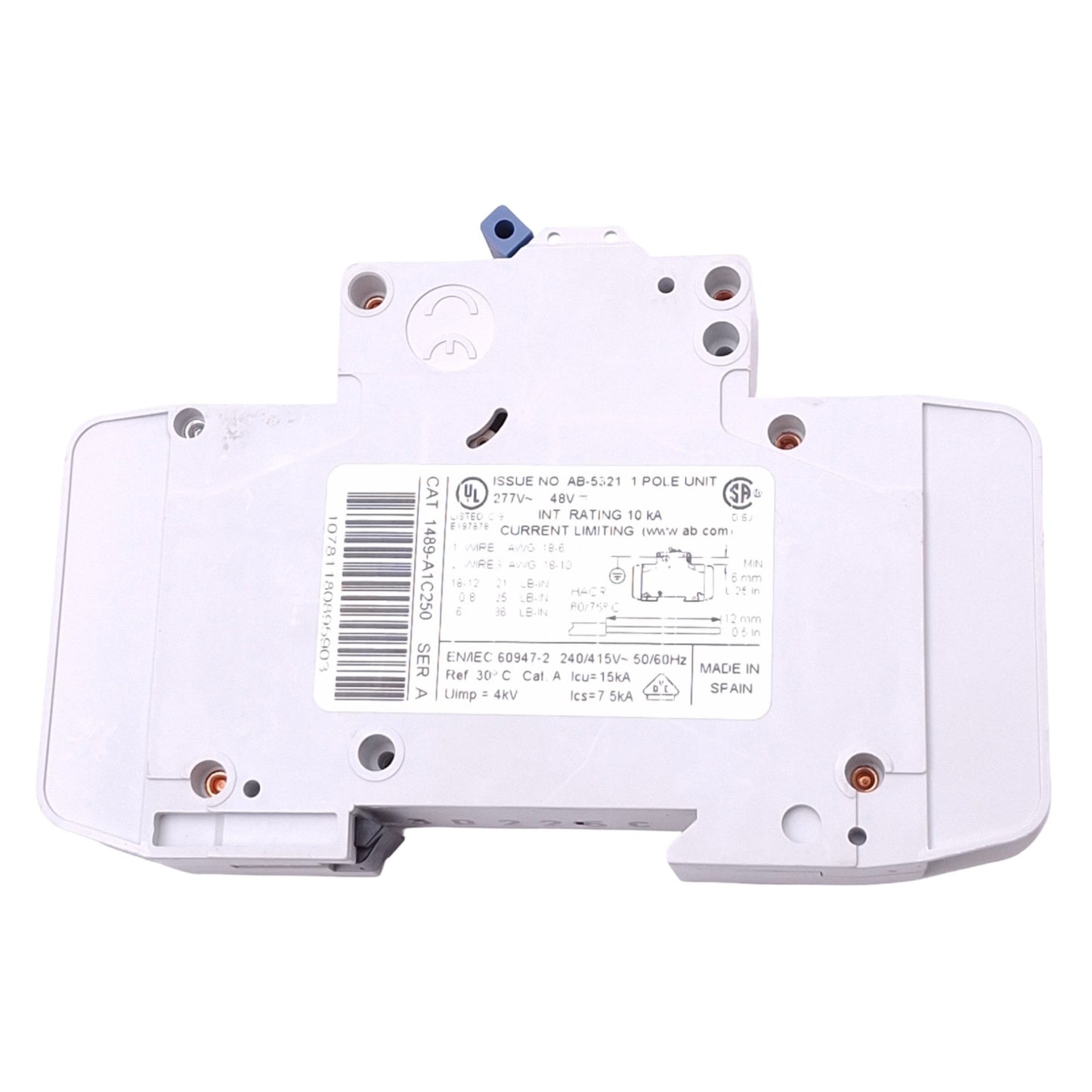 Used Allen Bradley 1489-A1C250 Circuit Breaker, 1-Pole, 25A, 277VAC/48VDC, DIN Rail