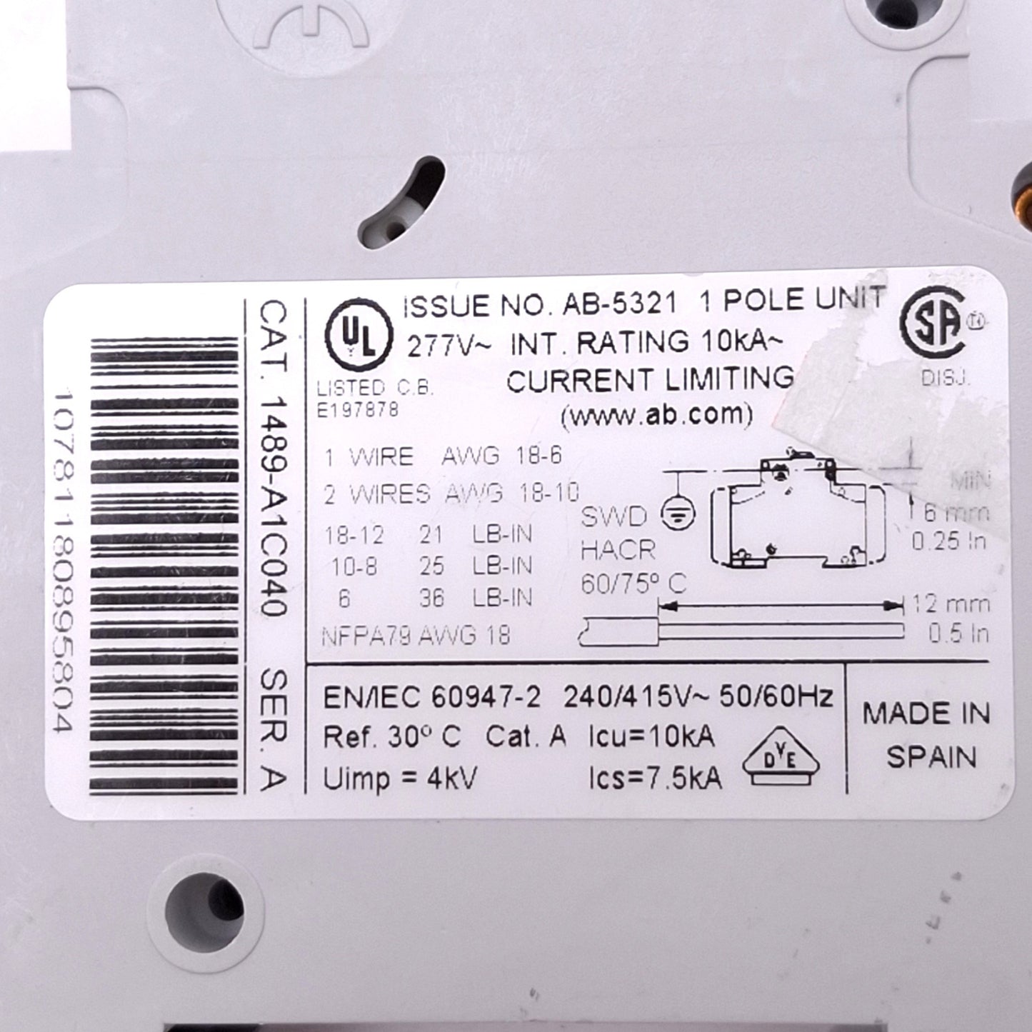 Used Allen Bradley 1489-A1C040 Circuit Breaker, 1-Pole, 4A, 277VAC/48VDC, DIN Rail
