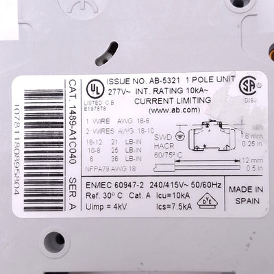 Used Allen Bradley 1489-A1C040 Circuit Breaker, 1-Pole, 4A, 277VAC/48VDC, DIN Rail