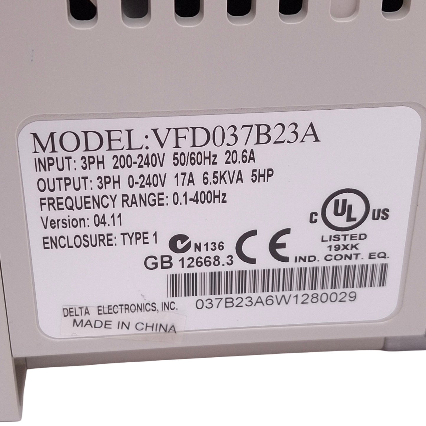Used Delta VFD037B23A Variable Frequency Drive, 5HP, 3-Phase 0-240VAC 0.1-400Hz 17A