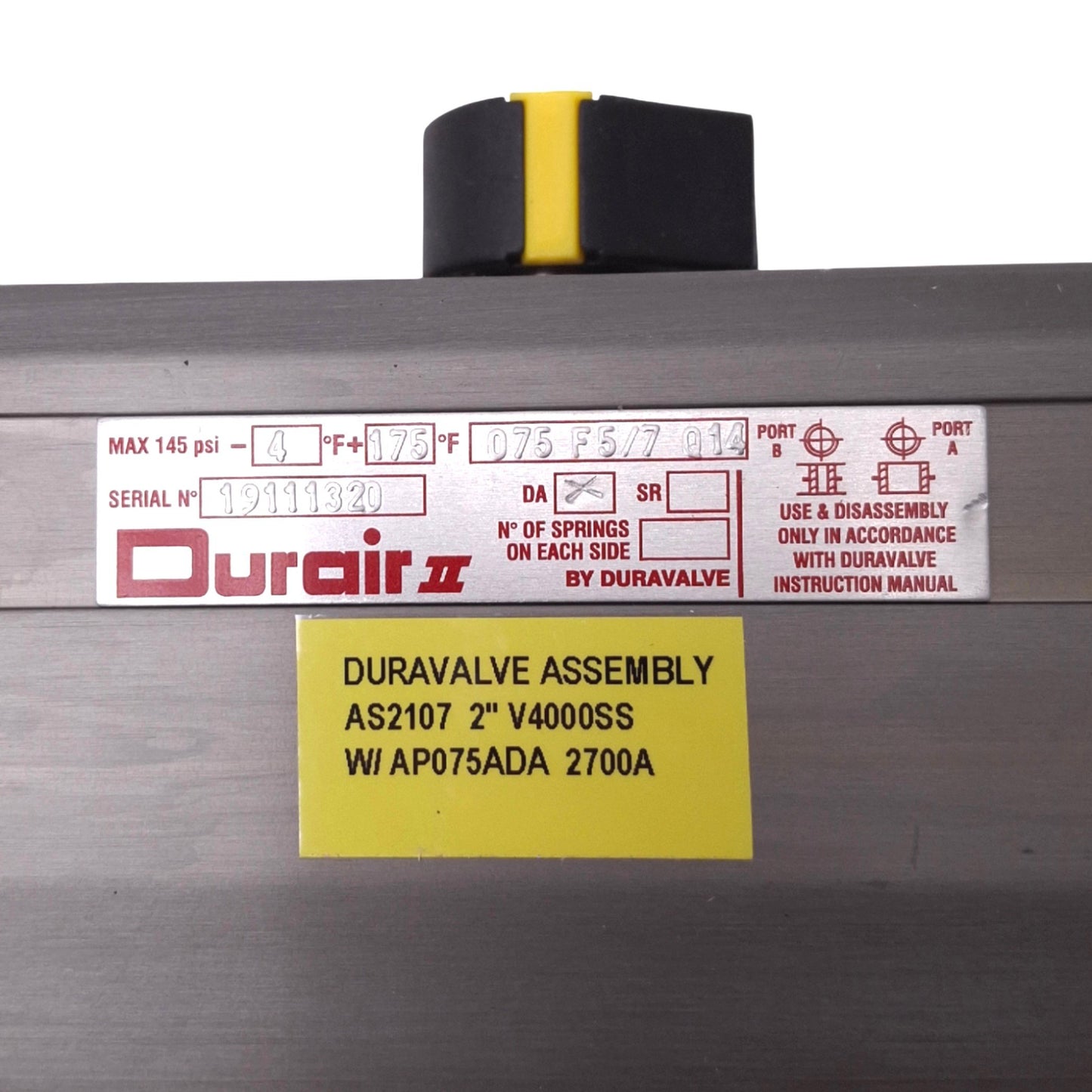 New Duravalve 075 F5 7 Q14 Durair II Assembly, 145psi Max, 1/4in NPT, 2in NPT Valve