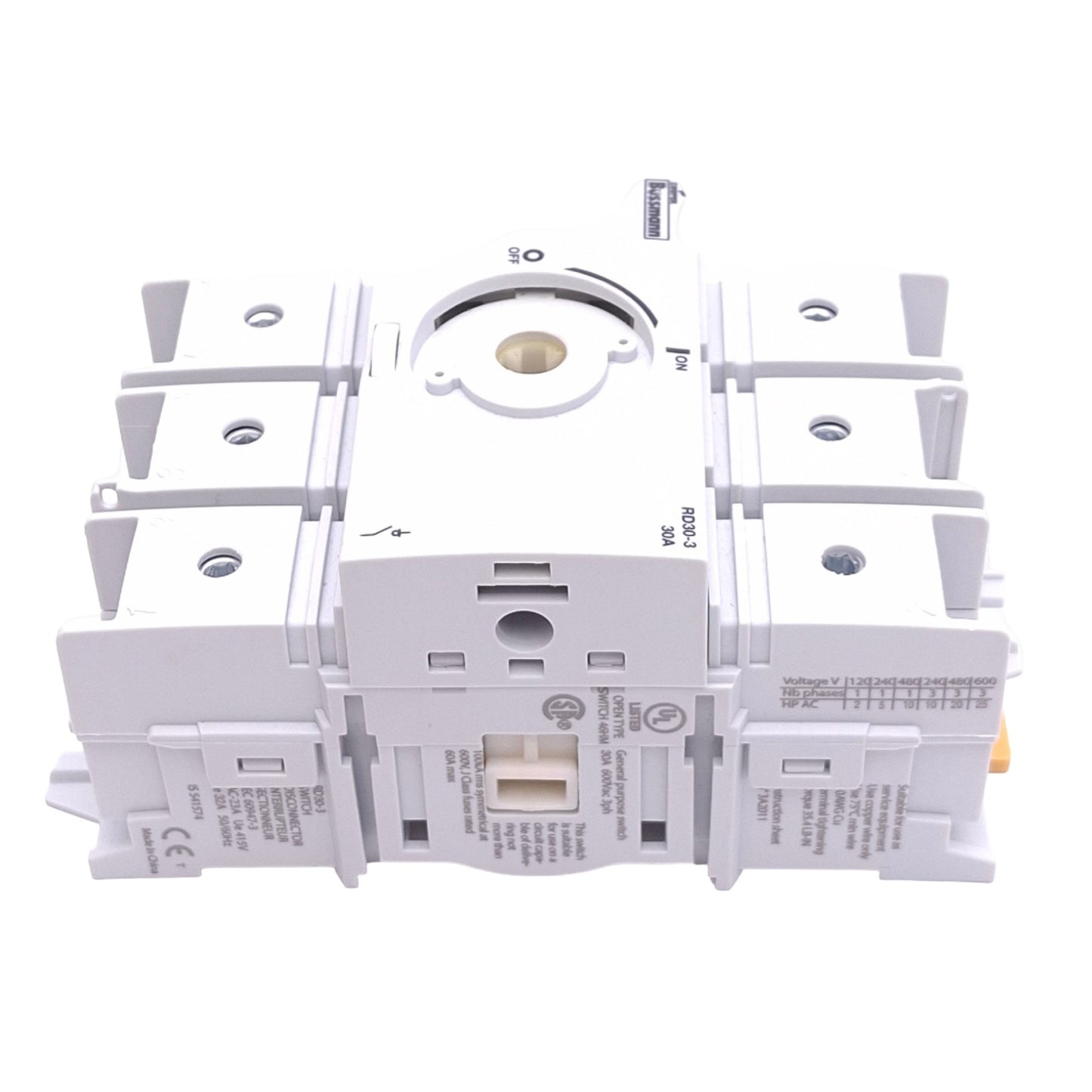 Used Eaton Bussmann RD30-3 Rotary Disconnect Switch, 3-Pole, 600VAC 30A, DIN Rail