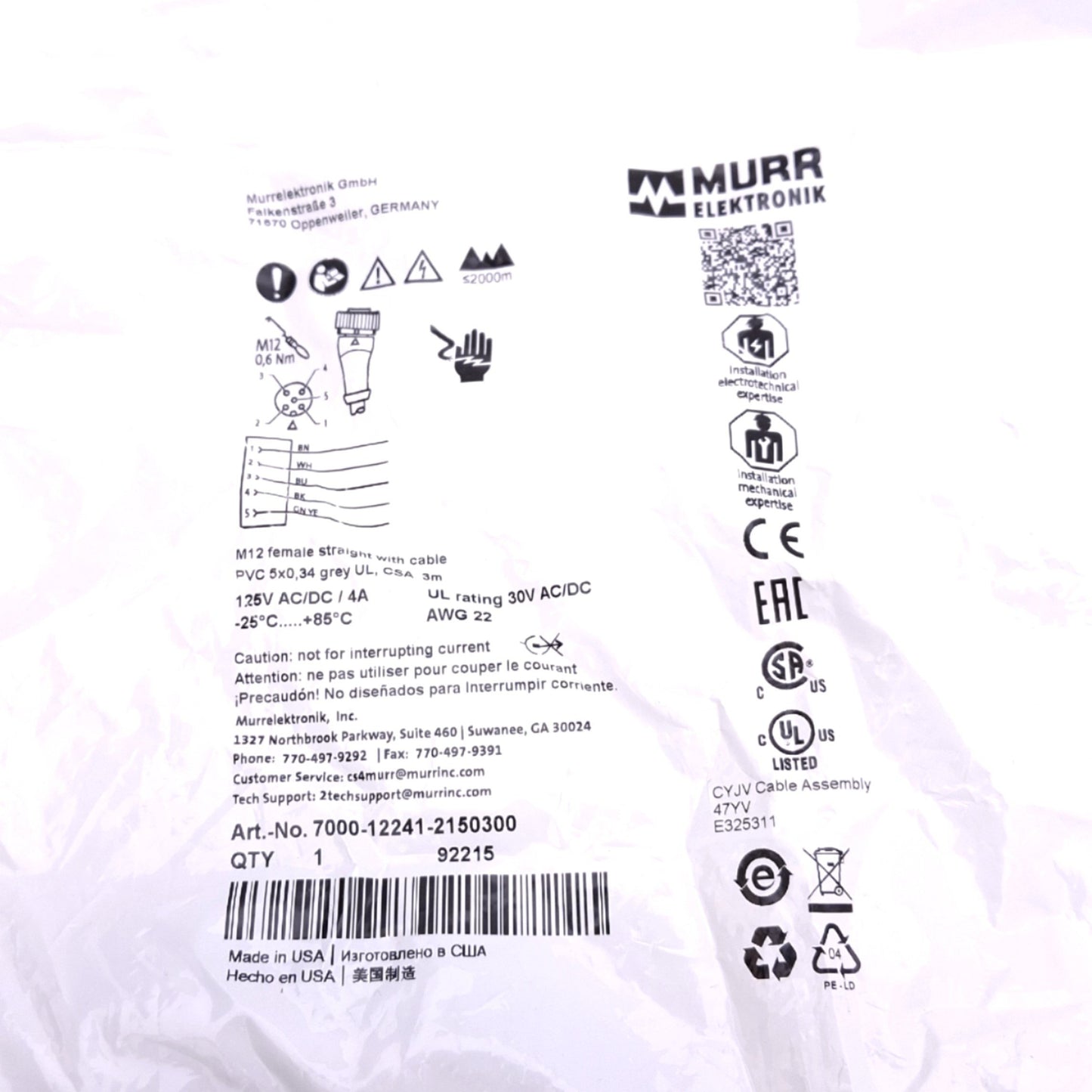 New Murr Elektronik 7000-12241-2150300 Connection Cable, 5-Pin M12 Female 125V, 3m