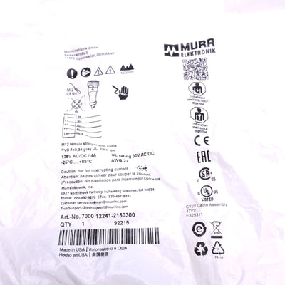 New Murr Elektronik 7000-12241-2150300 Connection Cable, 5-Pin M12 Female 125V, 3m