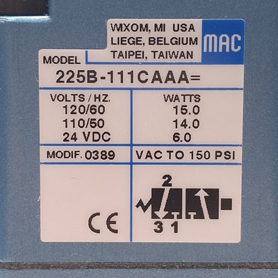 New – Open box Mac 225B-111CAAA Solenoid Valve, 3/2-Way, Vac~150psi, 1/4NPT, 120VAC/24VDC Coil