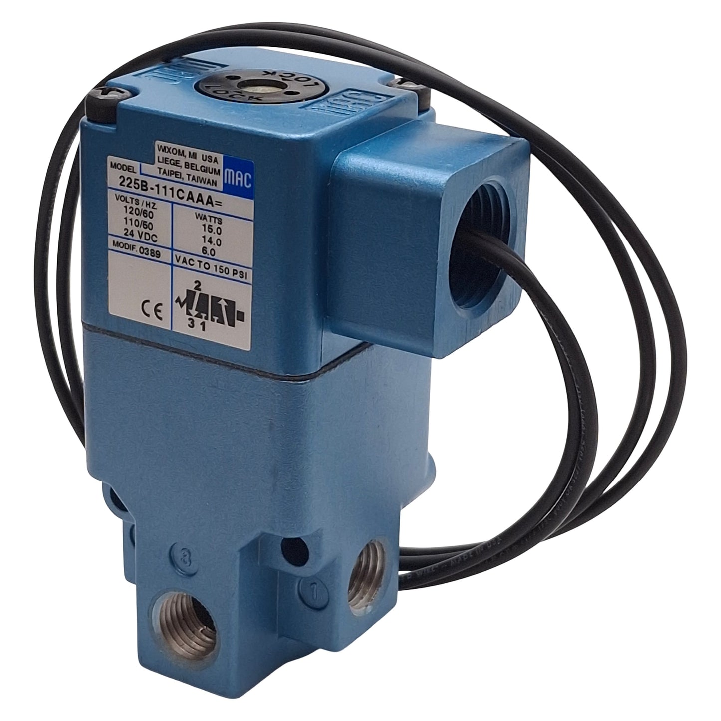 New – Open box Mac 225B-111CAAA Solenoid Valve, 3/2-Way, Vac~150psi, 1/4NPT, 120VAC/24VDC Coil