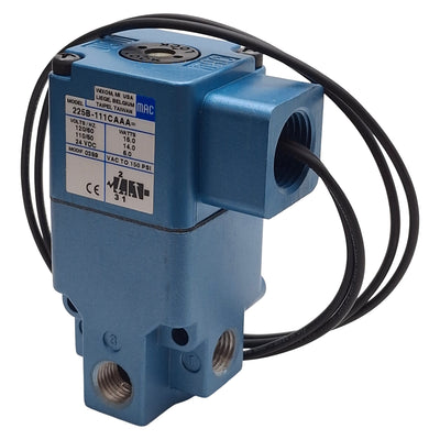 New – Open box Mac 225B-111CAAA Solenoid Valve, 3/2-Way, Vac~150psi, 1/4NPT, 120VAC/24VDC Coil