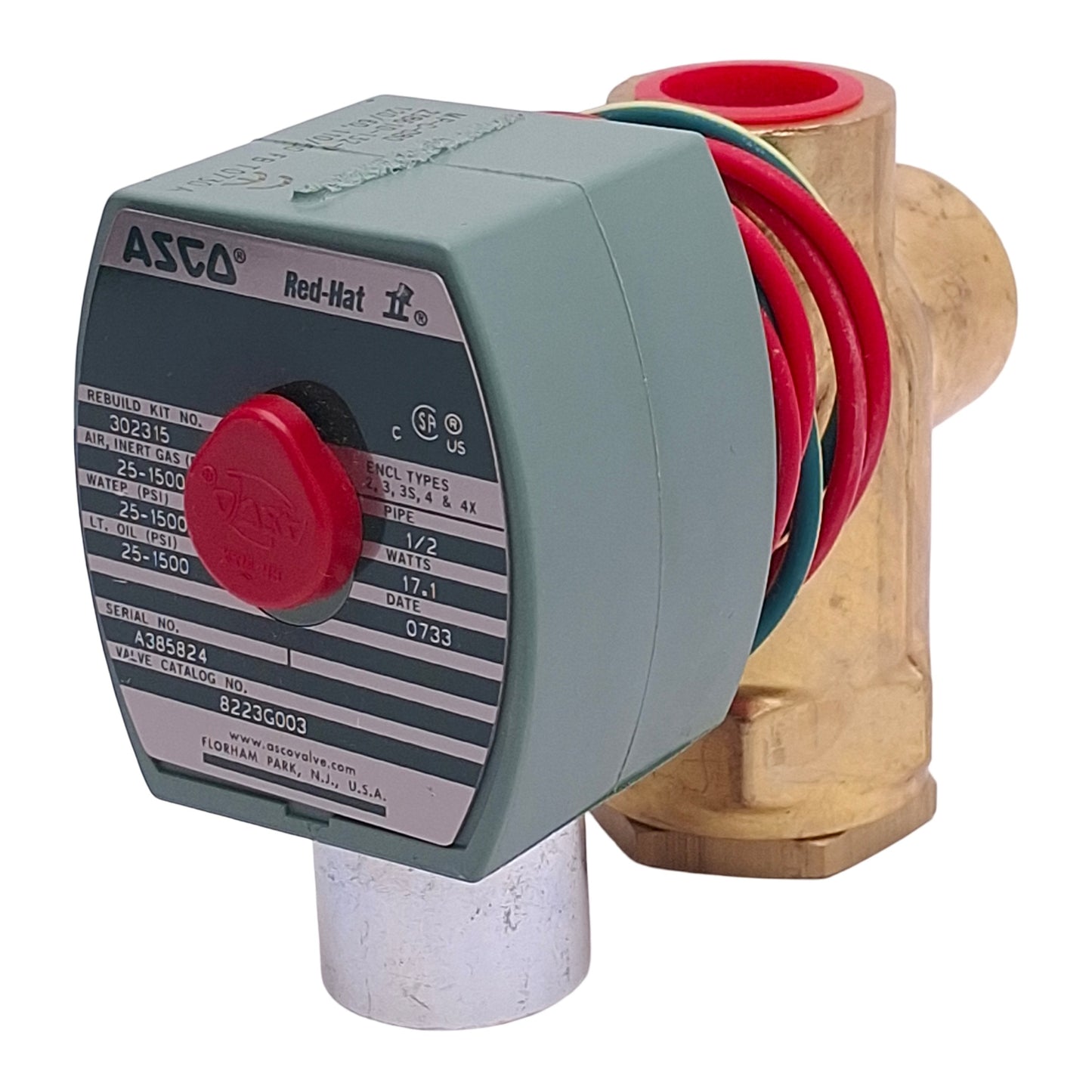 New – Open box Asco 8223G003 Red-Hat Solenoid Valve 2-Way 1/2" NPT, 25-1500psi, 110/120VAC Coil