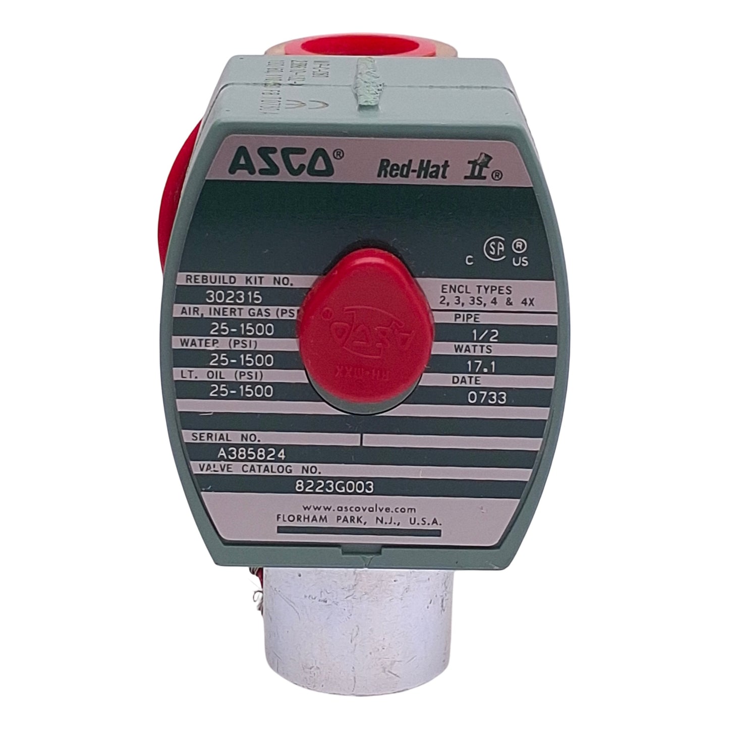 New – Open box Asco 8223G003 Red-Hat Solenoid Valve 2-Way 1/2" NPT, 25-1500psi, 110/120VAC Coil