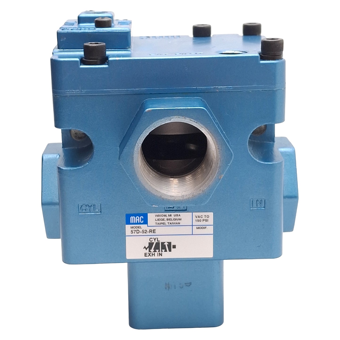 New – Open box Mac 57D-52-RE Balance Spool Valve, 3/2-Way NC, Vac~150psi, 3/4in & 1in NPTF