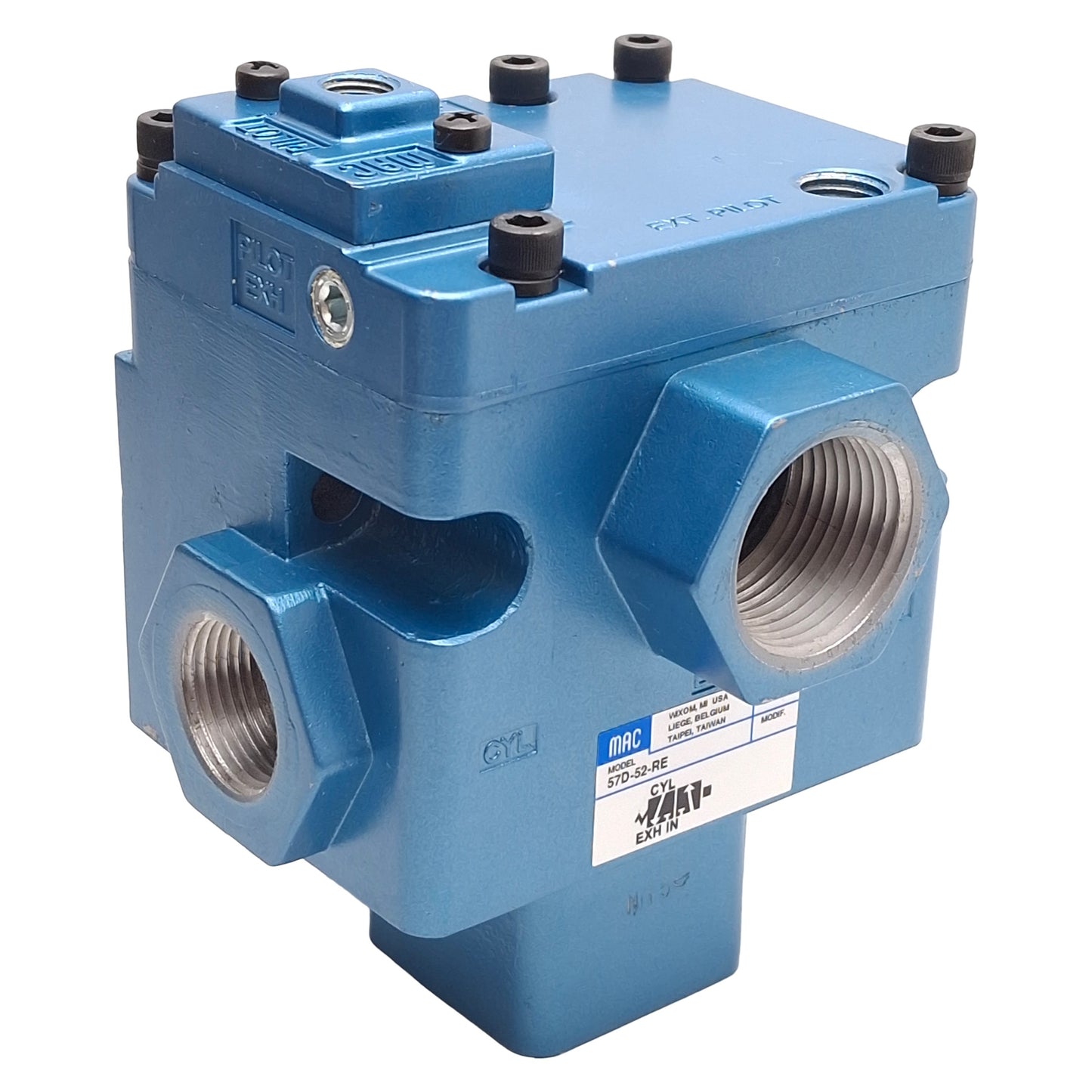 New – Open box Mac 57D-52-RE Balance Spool Valve, 3/2-Way NC, Vac~150psi, 3/4in & 1in NPTF