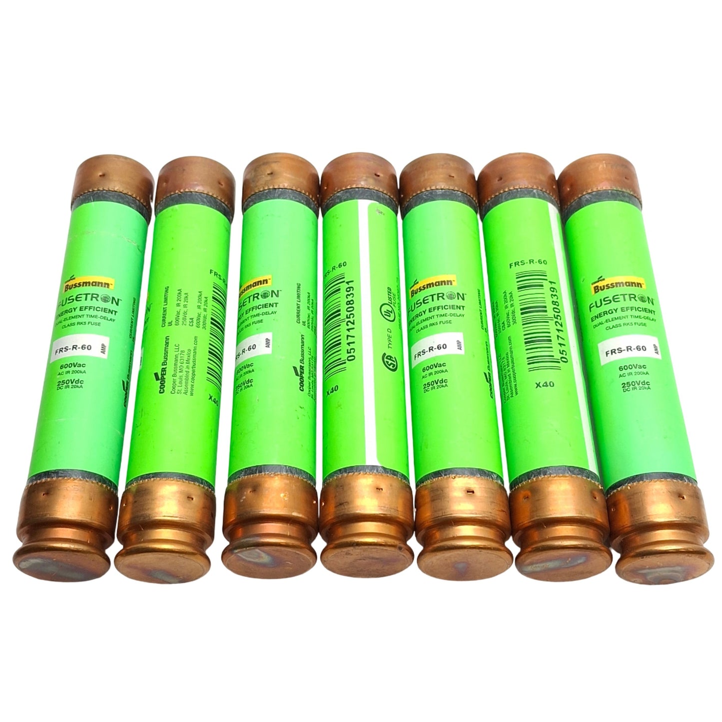 New – Open box Lot of 7 Bussmann FRS-R-60 Time-Delay Fuses, Dual Element, 600VAC, 300VDC, 60A