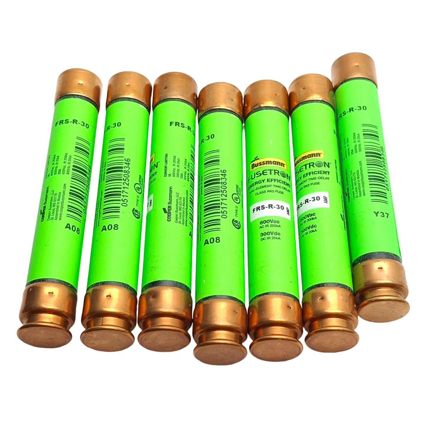 New – Open box Lot of 7 Bussmann FRS-R-30 Time-Delay Fuses, Dual Element, 600VAC, 300VDC, 30A