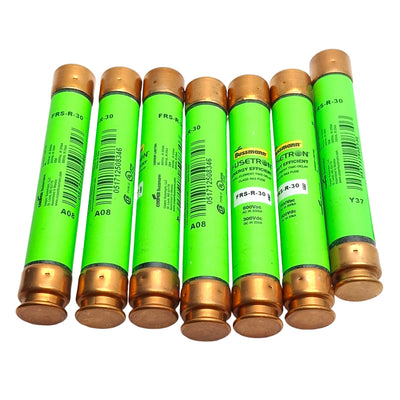 New – Open box Lot of 7 Bussmann FRS-R-30 Time-Delay Fuses, Dual Element, 600VAC, 300VDC, 30A