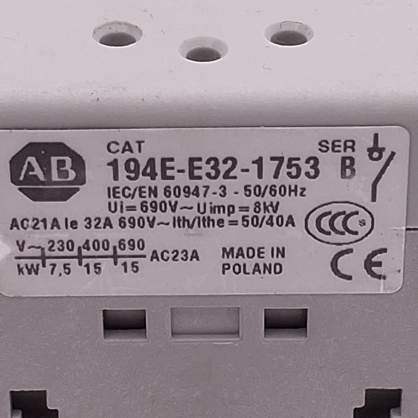 Used Allen Bradley 194E-E32-1753-6N Motor Disconnect Switch, 3-Pole, 32A 600VAC 5HP