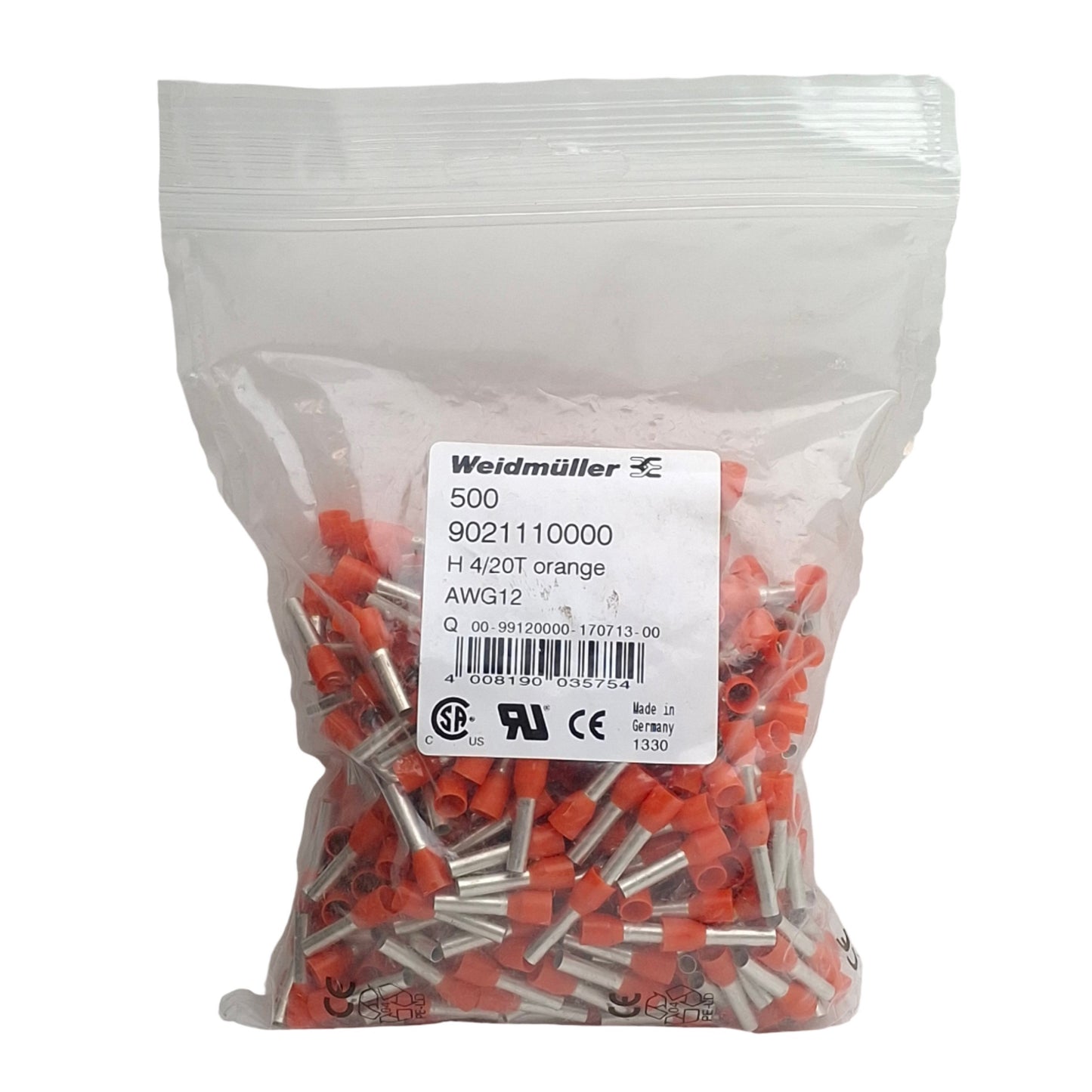 New Lot of 500 Weidmuller 9021110000 Wire End Ferrules, H 4/20T AWG12, 14mm 12mm