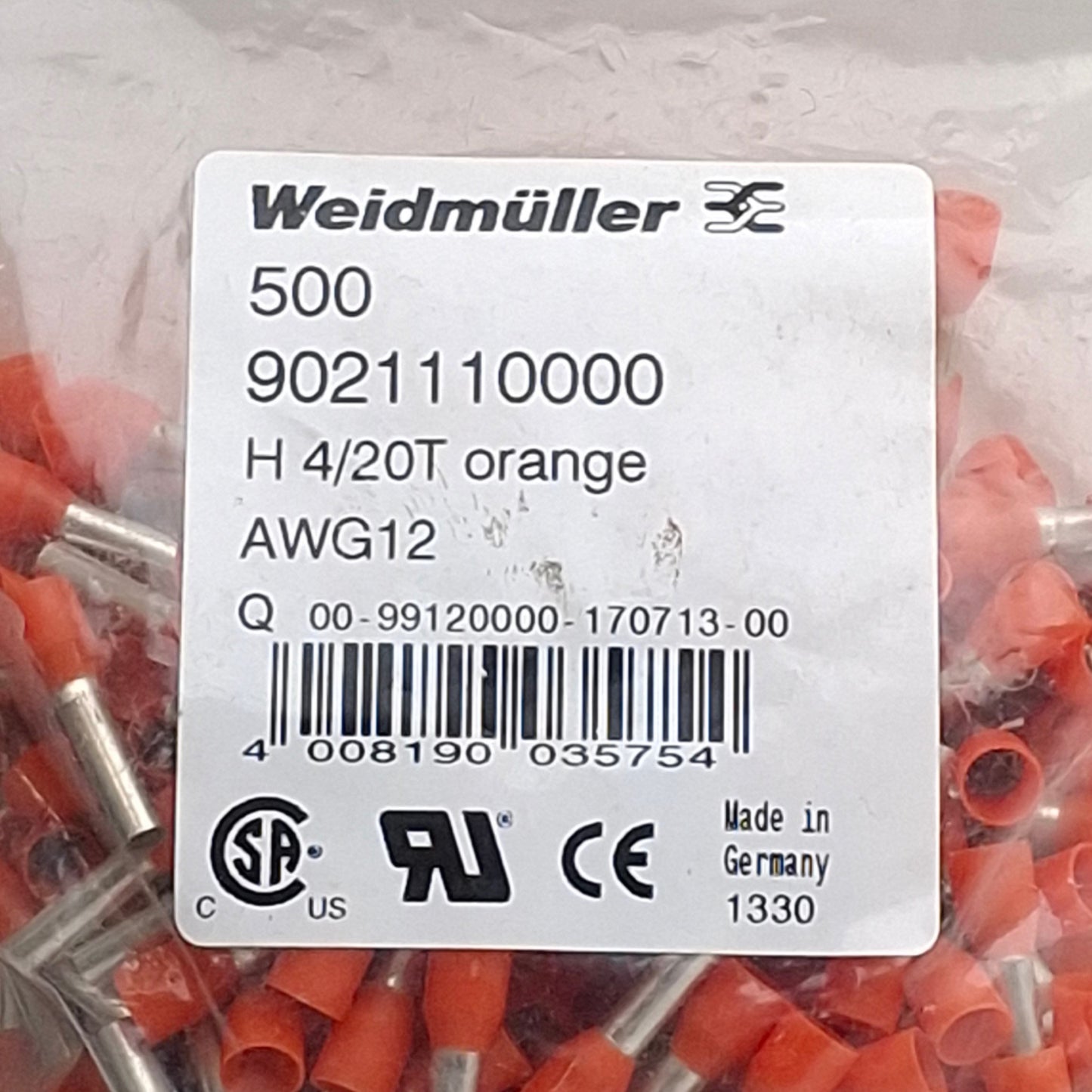 New Lot of 500 Weidmuller 9021110000 Wire End Ferrules, H 4/20T AWG12, 14mm 12mm