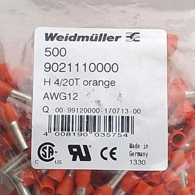New Lot of 500 Weidmuller 9021110000 Wire End Ferrules, H 4/20T AWG12, 14mm 12mm