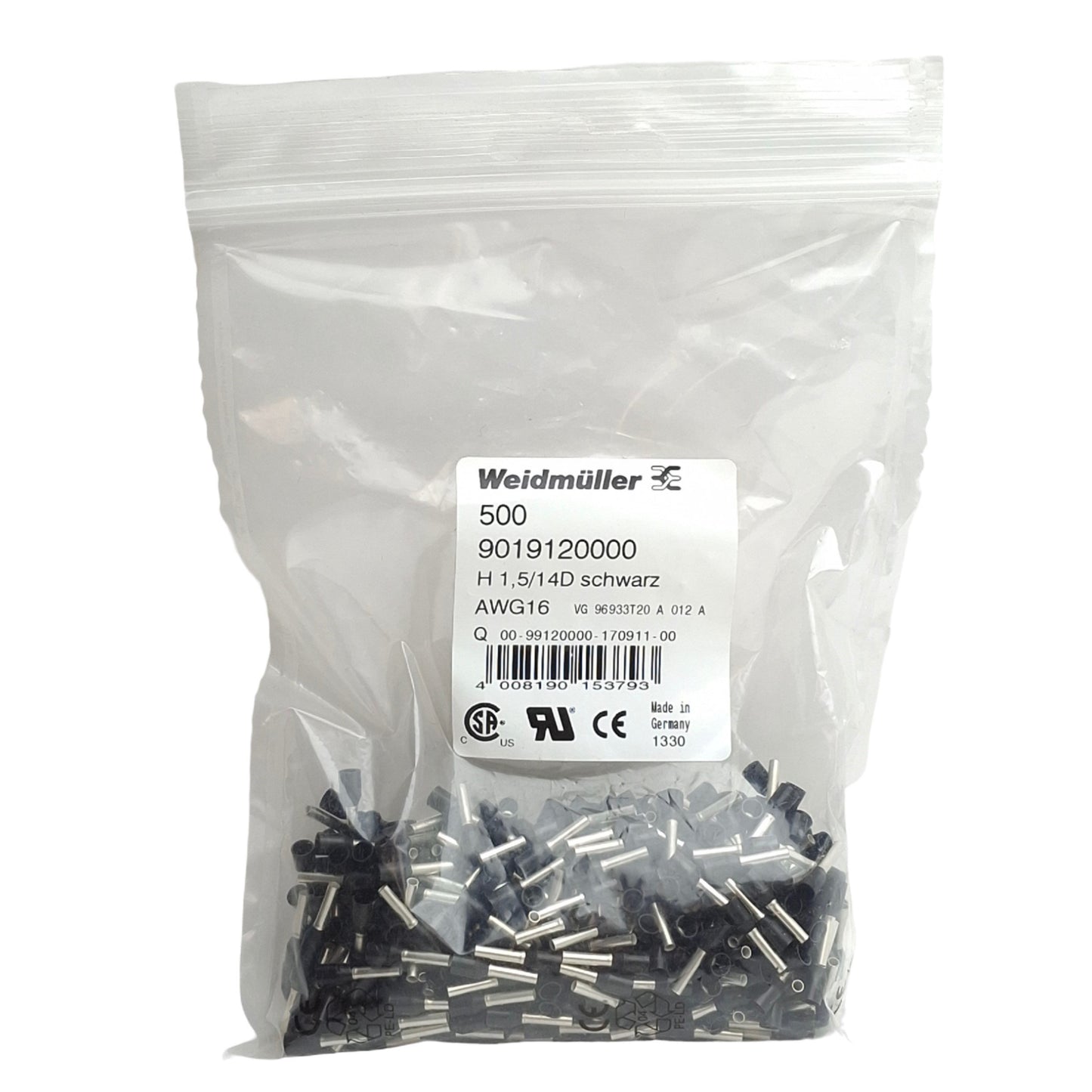 New Lot of 500 Weidmuller 9019120000 Wire End Ferrules H1,5/14D SW, 10mm 8mm