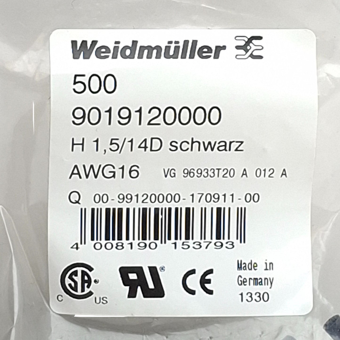 New Lot of 500 Weidmuller 9019120000 Wire End Ferrules H1,5/14D SW, 10mm 8mm