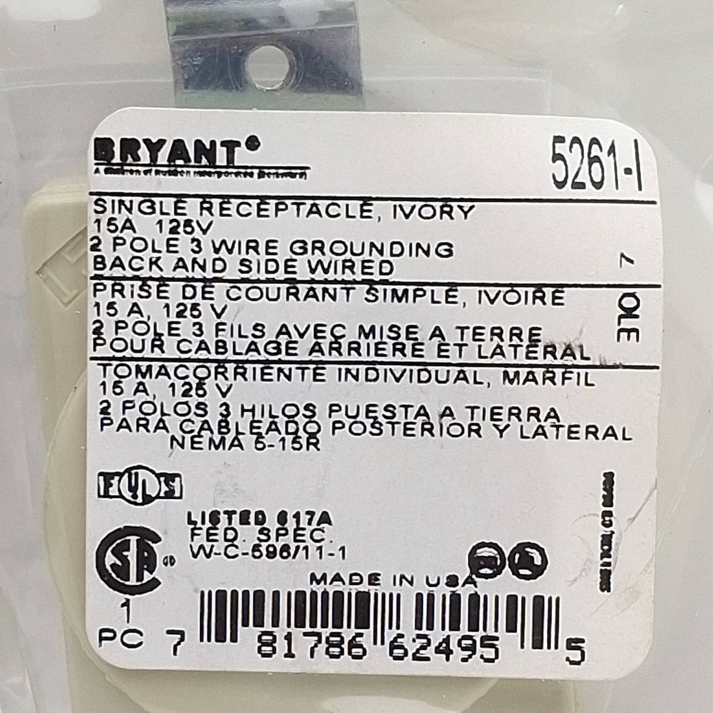 New Lot of 2 Bryant 5261-I Straight Blade Receptacle 2-Pole 3-Wire 15A 125VAC, 5-15R