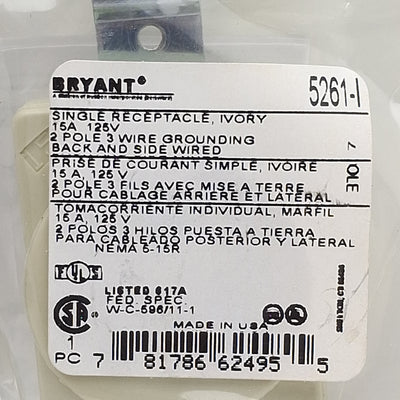 New Lot of 2 Bryant 5261-I Straight Blade Receptacle 2-Pole 3-Wire 15A 125VAC, 5-15R