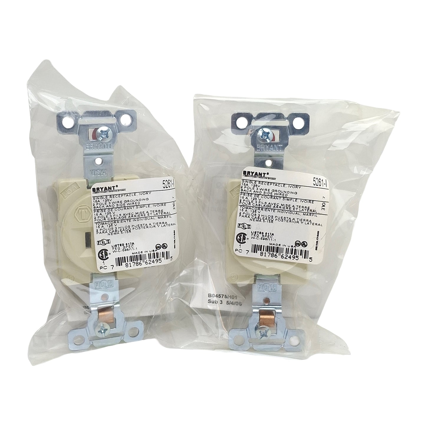 New Lot of 2 Bryant 5261-I Straight Blade Receptacle 2-Pole 3-Wire 15A 125VAC, 5-15R