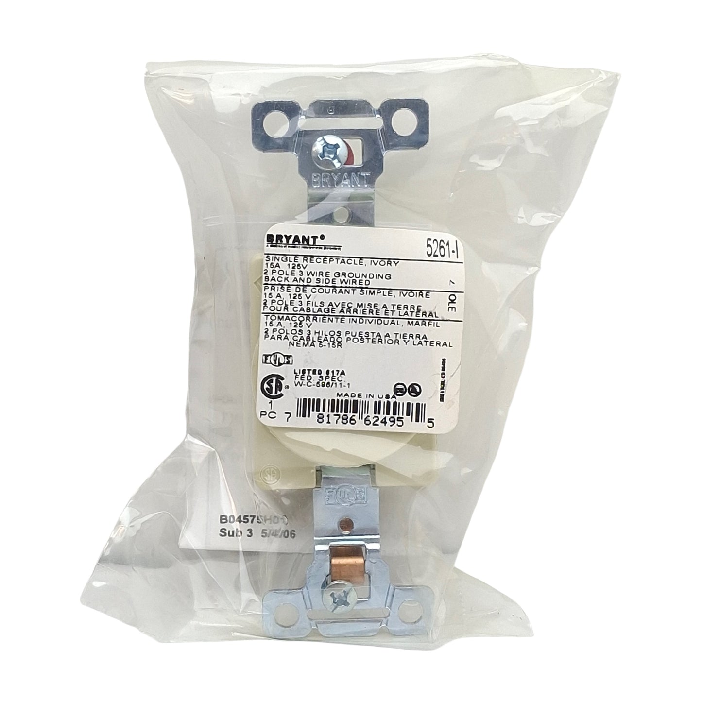 New Lot of 2 Bryant 5261-I Straight Blade Receptacle 2-Pole 3-Wire 15A 125VAC, 5-15R