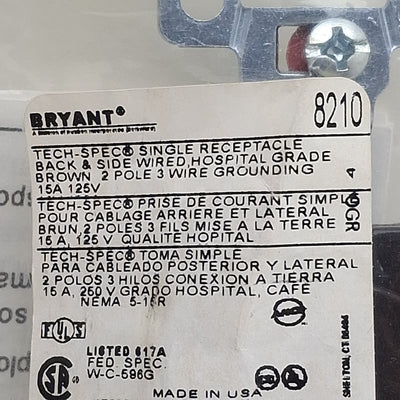 New Lot of 2 Bryant 8210 Straight Blade Receptacle, 2-Pole 3-Wire, 15A 125VAC, 5-15R