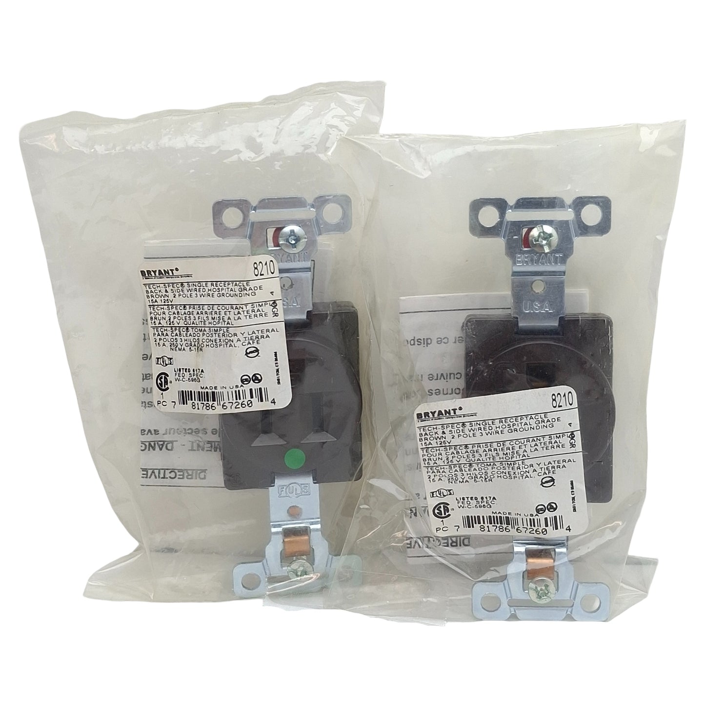 New Lot of 2 Bryant 8210 Straight Blade Receptacle, 2-Pole 3-Wire, 15A 125VAC, 5-15R