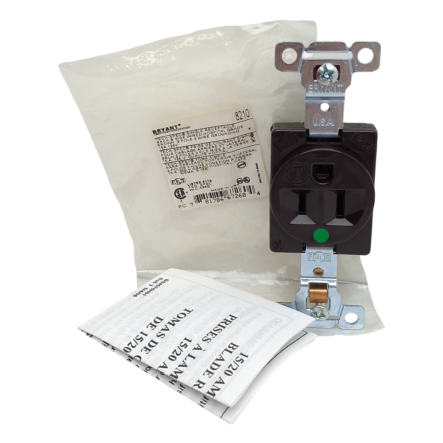 New Lot of 2 Bryant 8210 Straight Blade Receptacle, 2-Pole 3-Wire, 15A 125VAC, 5-15R