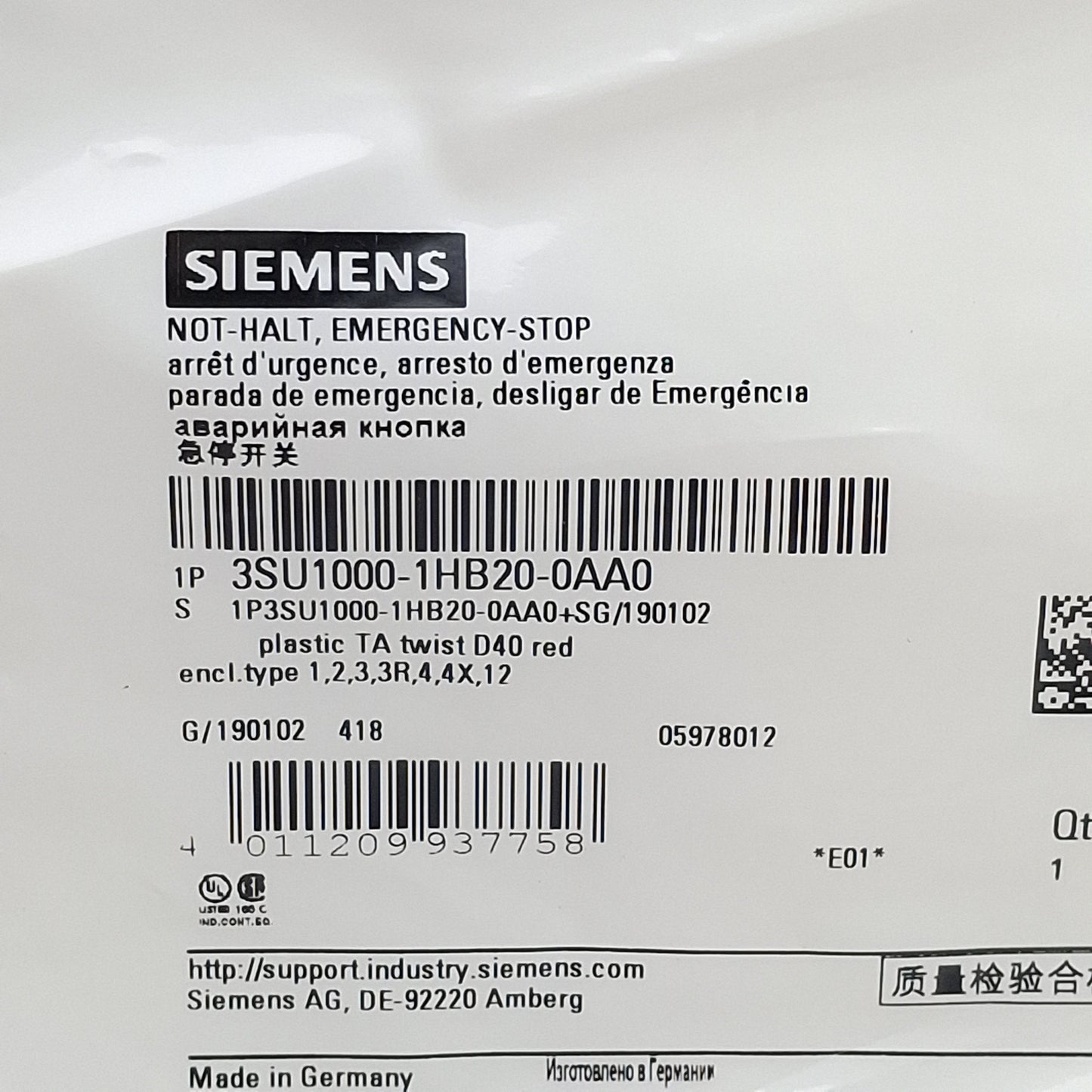 New Siemens 3SU1000-1HB20-0AA0 Mushroom Pushbutton Operator, Red, ø40mm, 22mm Mount
