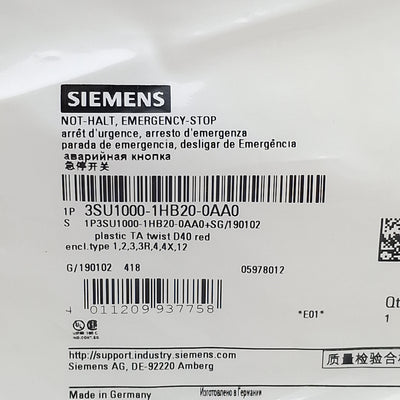 New Siemens 3SU1000-1HB20-0AA0 Mushroom Pushbutton Operator, Red, ø40mm, 22mm Mount
