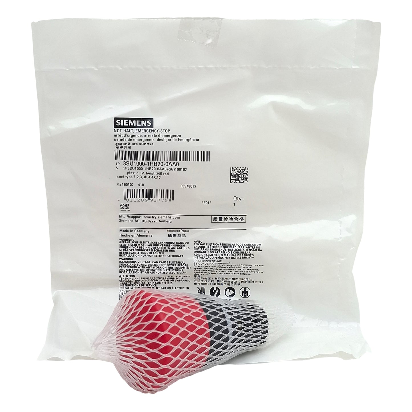 New Siemens 3SU1000-1HB20-0AA0 Mushroom Pushbutton Operator, Red, ø40mm, 22mm Mount