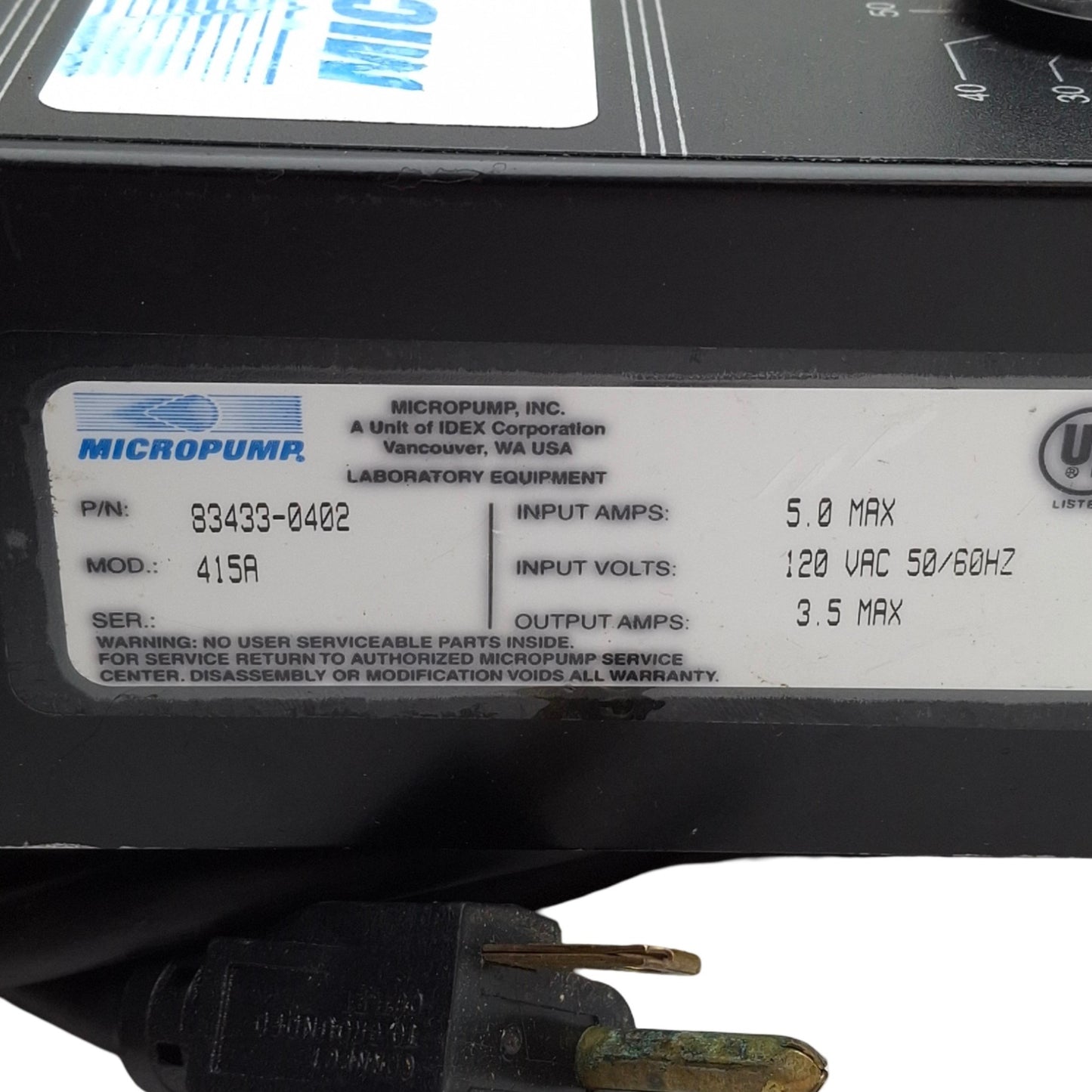 Used Micropump 83433-0402 Magnetic Pump Motor And Drive, 120VAC 5A Input, 3.5A Output