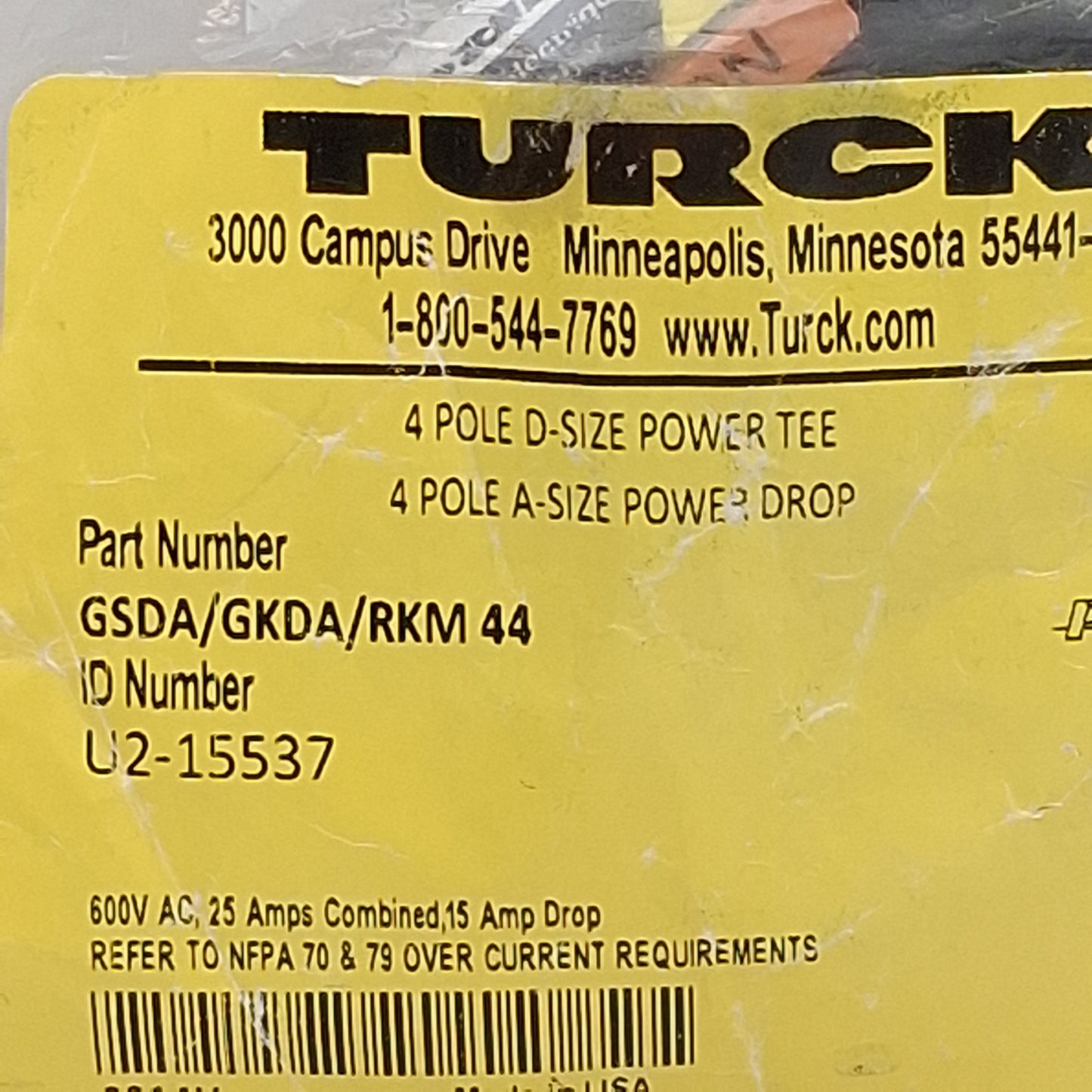 New Turck GSDA/GKDA/RKM 44 Power T-Splitter 4-Pin 1-3/8in M x 1-3/8in F x 7/8in F UN