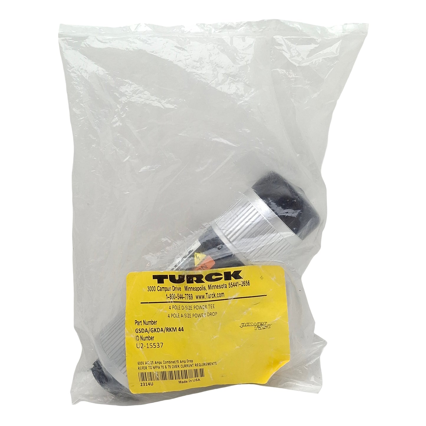 New Turck GSDA/GKDA/RKM 44 Power T-Splitter 4-Pin 1-3/8in M x 1-3/8in F x 7/8in F UN