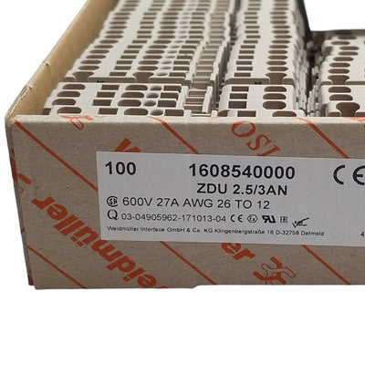 New Lot of 100 Weidmuller ZDU 2.5/3AN 1608540000 Terminal Blocks, 600V 27A