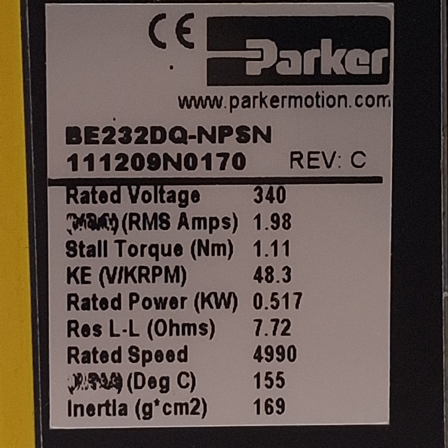 Used Parker BE232DQ-NPSN Servo Motor, ø3/8" Shaft, 4990rpm, 2000ppr, 0.99Nm, NEMA 23
