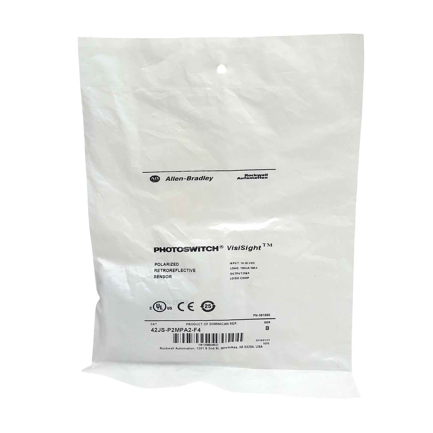 New Allen Bradley 42JS-P2MPA2-F4 Photoelectric Sensor, PNP 10-30VDC, 3.5m, 4-Pin M12