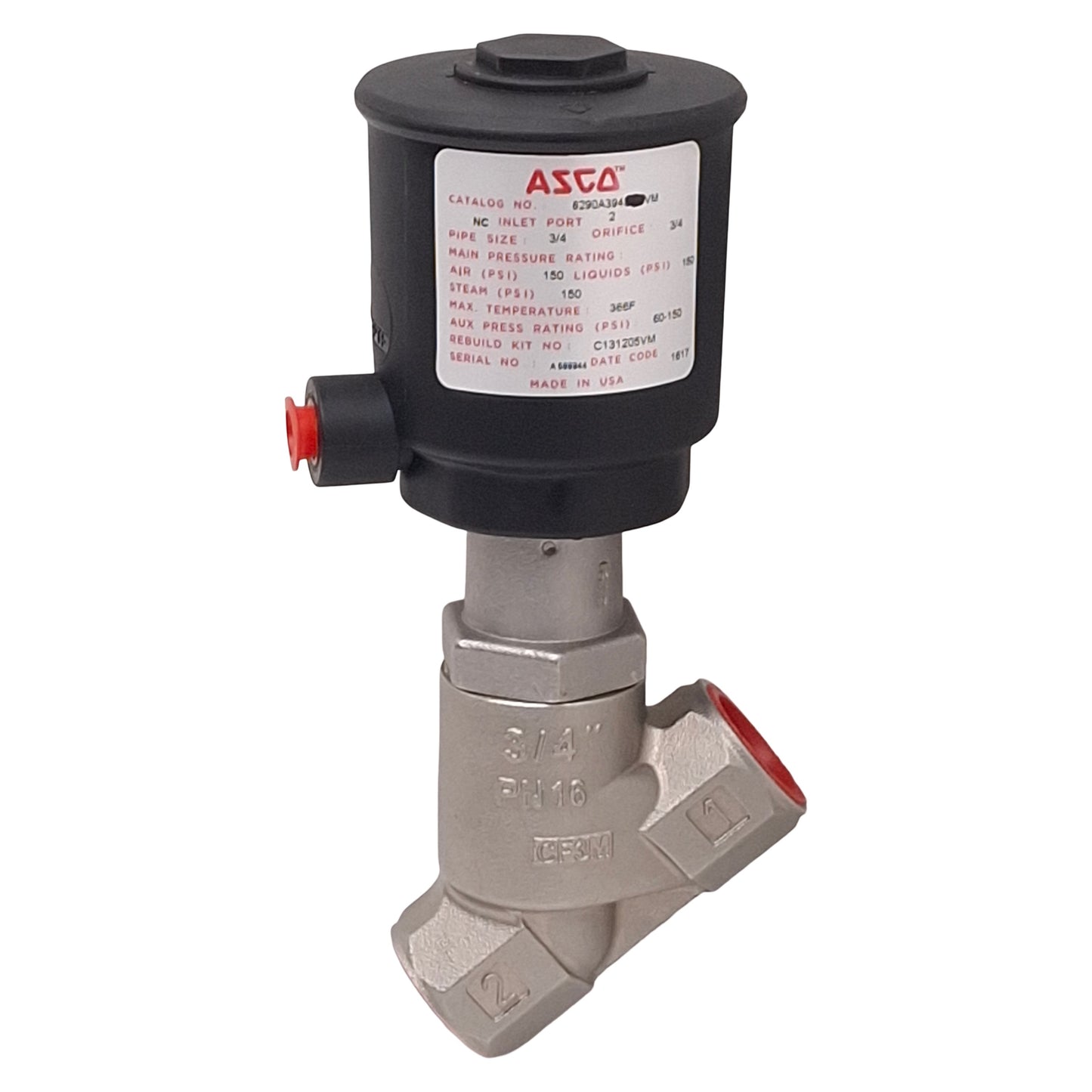 New – Open box ASCO 8290A394VM Angle Body Piston Valve, Normally Closed, Vac~150psi, 3/4NPT