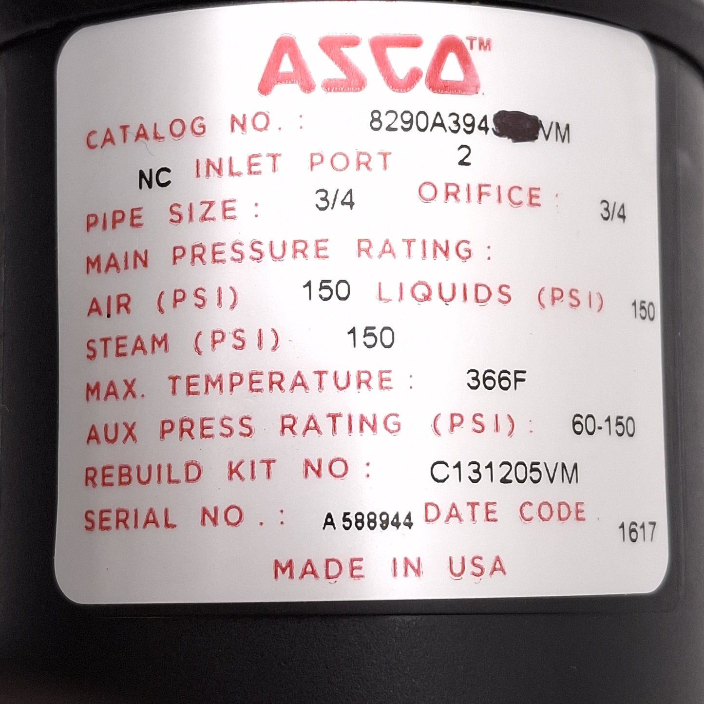 New – Open box ASCO 8290A394VM Angle Body Piston Valve, Normally Closed, Vac~150psi, 3/4NPT