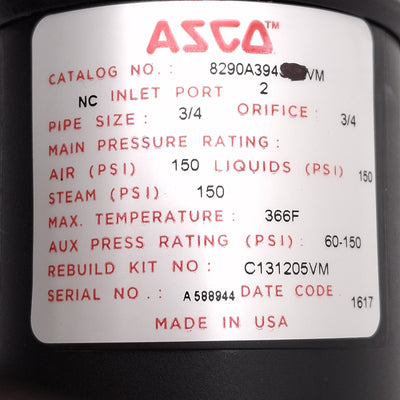 New – Open box ASCO 8290A394VM Angle Body Piston Valve, Normally Closed, Vac~150psi, 3/4NPT