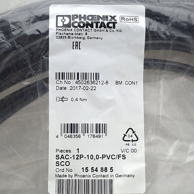 New Phoenix Contact 1554885 Sensor/Actuator Cable, 12-Pin M12 Female to Leads, 10m